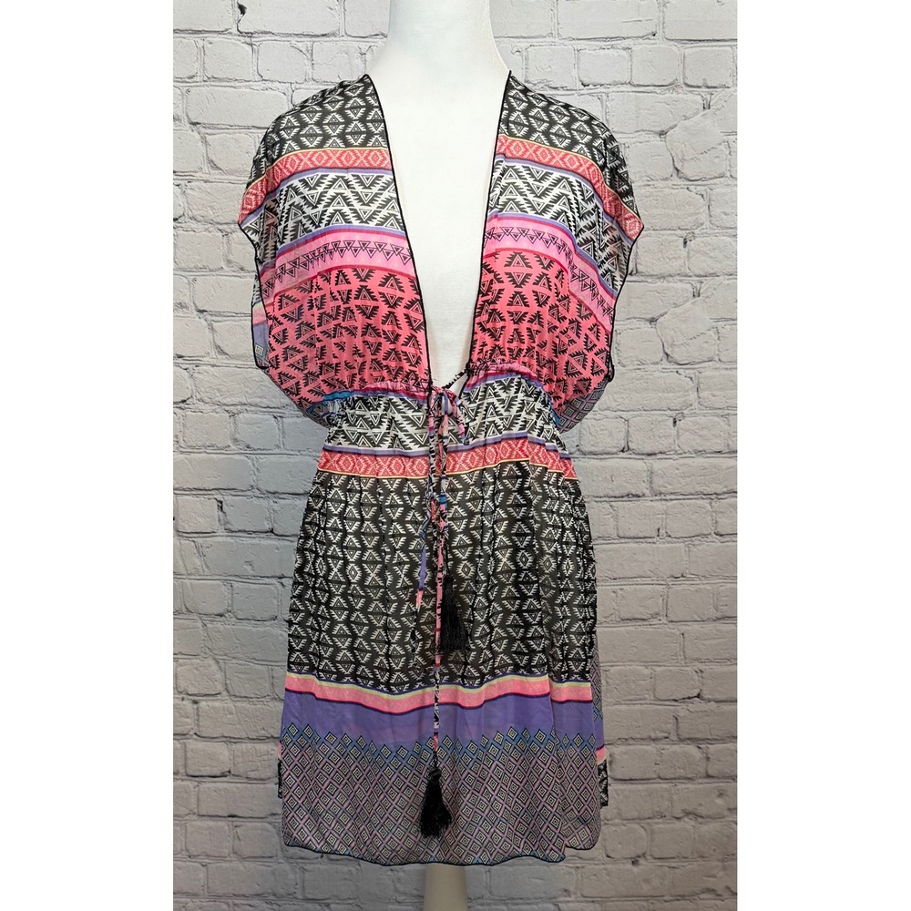 OP Kimono Cover-Up Aztec Print Tassel Tie‎ Lightweight Multi L/G